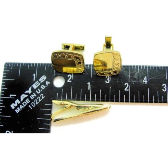 USA Rectangle Engraveable Men Vintage Cufflinks Bullet Gold Tone Set Tie - Picture 5 of 7